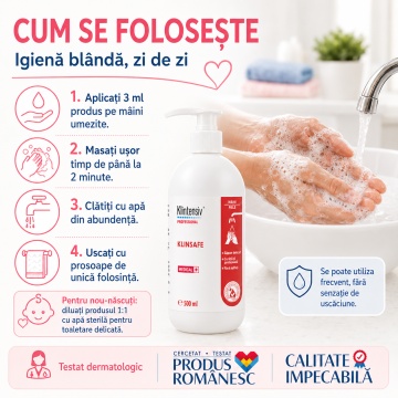 Săpun lichid profesional Klintensiv KlinSafe, formulă blândă pentru piele sensibilă, testat dermatologic, fără SLES și parabeni, pentru spitale, clinici, grădinițe și uz frecvent, 1 L, 4x Stickere - Img 5