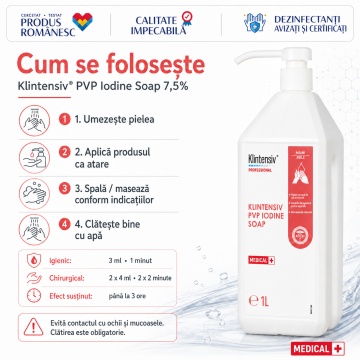 Săpun profesional chirurgical cu iod povidonă Klintensiv PVP Iodine Soap 7,5%, pentru mâini, corp, decolonizare tegumente și pregătire preoperatorie, aviz biocid, 1 L, 4x Stickere - Img 5