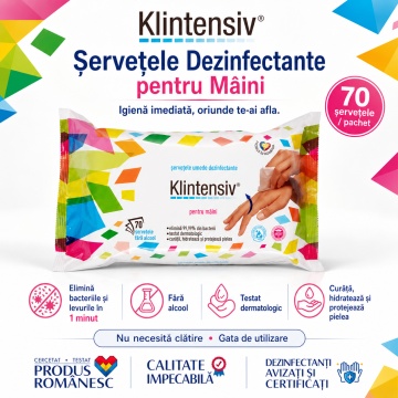 Șervețele dezinfectante mâini Klintensiv, pachet 70 buc, pentru igiena mâinilor și pielii, bactericide, levuricide, fără clătire, pentru birou, școli, restaurante și spații publice, aviz biocid, 4x Stickere - Img 2