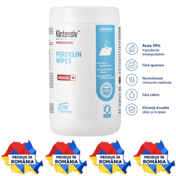 Servețele dezinfectante profesionale Peroklin Wipes Klintensiv, gata de utilizare, cu peroxid de hidrogen și săruri de amoniu cuaternar, pentru suprafețe, echipamente și instrumentar medical, tub 120 servetele, 4x Stickere