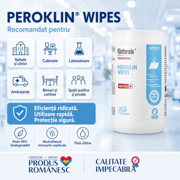 Servețele dezinfectante profesionale Peroklin Wipes Klintensiv, gata de utilizare, cu peroxid de hidrogen și săruri de amoniu cuaternar, pentru suprafețe, echipamente și instrumentar medical, tub 120 servetele, 4x Stickere - Img 2
