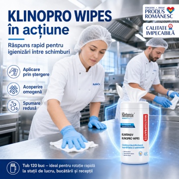 Șervețele dezinfectante suprafețe Klinopro Wipes, profesionale, bactericide, fungicide și virucide în 5 minute, pentru HoReCa, farmaceutic, alimentar și instituții publice, tub 120 buc, 4x Stickere - Img 2