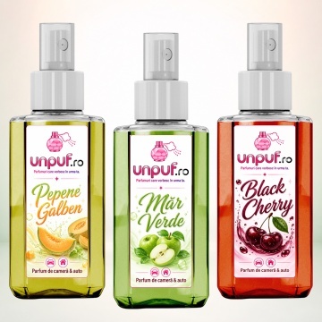 Set 3 Odorizante auto si casa Unpuf, Arome Black Cherry Mar Verde Pepene Galben, cu pulverizator, improspatare aer si parfum de durata, 3x75 ml