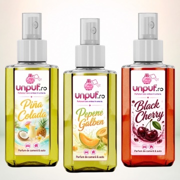 Set 3 Odorizante auto si casa Unpuf, Arome Black Cherry Pepene Galben Pina Colada, cu pulverizator, improspatare aer si parfum de durata, 3x75 ml