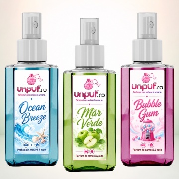 Set 3 Odorizante auto si casa Unpuf, Arome Bubble Gum Mar Verde Ocean Breeze, cu pulverizator, improspatare aer si parfum de durata, 3x75 ml