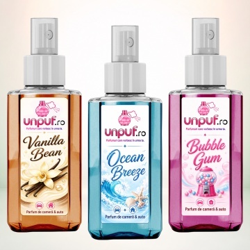 Set 3 Odorizante auto si casa Unpuf, Arome Bubble Gum Ocean Breeze Vanilla Bean, cu pulverizator, improspatare aer si parfum de durata, 3x75 ml