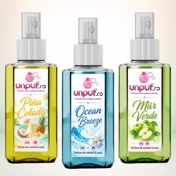 Set 3 Odorizante auto si casa Unpuf, Arome Mar Verde Ocean Breeze Pina Colada, cu pulverizator, improspatare aer si parfum de durata, 3x75 ml