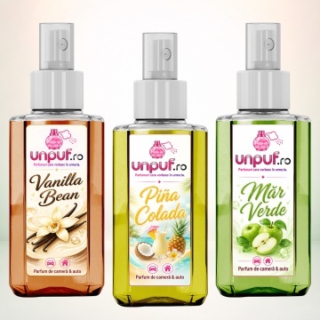 Set 3 Odorizante auto si casa Unpuf, Arome Mar Verde Pina Colada Vanilla Bean, cu pulverizator, improspatare aer si parfum de durata, 3x75 ml