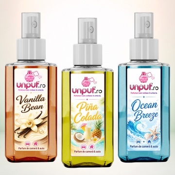 Set 3 Odorizante auto si casa Unpuf, Arome Ocean Breeze Pina Colada Vanilla Bean, cu pulverizator, improspatare aer si parfum de durata, 3x75 ml