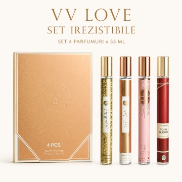 Set 4 Parfumuri Irezistibile V.V. Love 35 ml, Sapphire, Royal Bloom, Aurora Mist, Rosed Attor, set cadou, pentru Femei