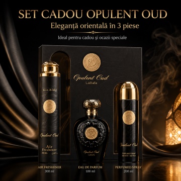 Set Cadou Lattafa Opulent Oud 3 Piese, Eau de Parfum 100 ml + Spray Parfumat 200 ml + Air Freshener 300 ml, Parfum Arabesc Unisex cu Oud, Ambră și Vanilie
