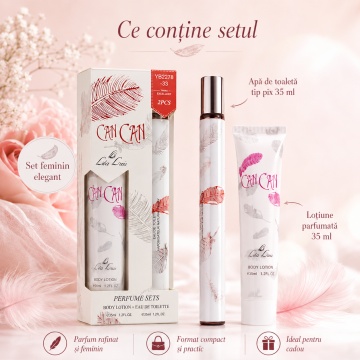 Set Can Can 2x35 ml, Apă de Toaletă Damă 35 ml + Cremă de Mâini / Loțiune Parfumată 35 ml, Aromă Fructată Dulce, Ambrată, Pudrată și Florală, Note de Nectarină, Coacăze Negre, Clementină, Orhidee Sălbatică, Floare de Portocal, Ambră, Mosc și Note Lemnoase - Img 2