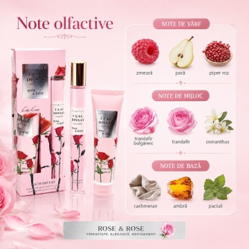 Set L’Eau D’Issay Rose & Rose 2x35 ml, Apă de Parfum Damă 35 ml + Cremă de Mâini 35 ml, Aromă Floral Fructată, Dulce, Ambrată și Moscată, Note de Zmeură, Pară, Piper Roz, Trandafir Bulgăresc, Osmanthus, Cashmeran, Ambră și Paciuli - Img 6