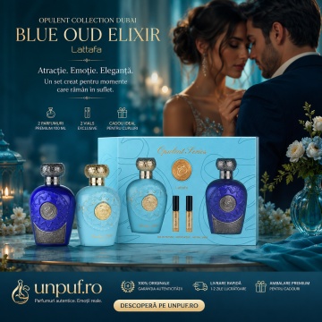 Set Parfum Lattafa Opulent Collection Dubai & Blue Oud Elixir, 2 x 100 ml Eau de Parfum Unisex, 2 mostre fiolă , cutie cadou premium, arome orientale - Img 9