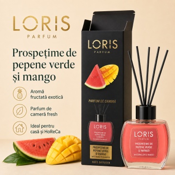 Set parfum odorizat de camera cu betisoare parfumate, miros placut persistent, LORIS PARFUM, esenta Prospetime de pepene verde si Mango, 120 m