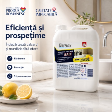 Soluție curățare baie Klintensiv, anticalcar, îndepărtează urme de apă și murdărie, protecție împotriva redepunerilor, pentru gresie, faianță, ceramică, cabine duș, baterii sanitare, 5 L, 4x Stickere - Img 6