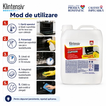 Soluție curățare cuptor Klintensiv, degresant profesional pentru grăsime arsă și depuneri carbonizate, pentru cuptoare, plite, tăvi, grătare și inox, 5 L, 4x Stickere - Img 4