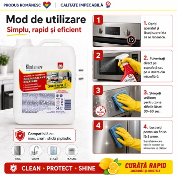Soluție curățare electrocasnice Klintensiv, spray profesional pentru grăsime, pete și amprente, fără urme, pentru frigider, hotă, plită, cuptor, inox, crom, sticlă și plastic, 5 L, 4x Stickere - Img 4
