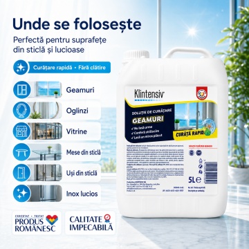 Soluție curățare geamuri Klintensiv, spray profesional pentru sticlă, oglinzi, vitrine și suprafețe lucioase, uscare rapidă, efect antistatic, fără urme, 5 L, 4x Stickere - Img 4