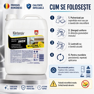 Soluție curățare inox Klintensiv, fără clătire, pentru inox lucios, mat și periat, îndepărtează grăsimea, murdăria și amprentele, finisaj fără urme, 5 L, 4x Stickere - Img 4