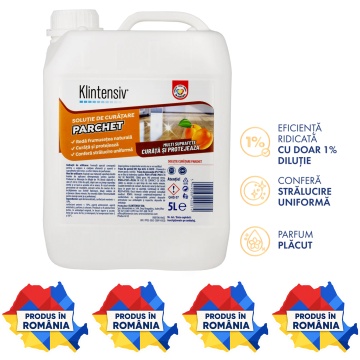 Soluție curățare parchet Klintensiv, detergent profesional concentrat pentru parchet lăcuit, protecție și strălucire naturală, fără clătire, diluție 1%, canistră, 5 L, 4x Stickere