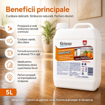 Soluție curățare parchet Klintensiv, detergent profesional concentrat pentru parchet lăcuit, protecție și strălucire naturală, fără clătire, diluție 1%, canistră, 5 L, 4x Stickere - Img 2