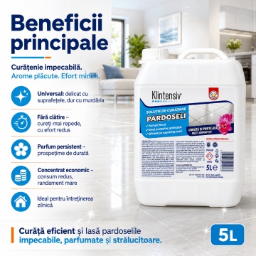 Soluție curățare pardoseli Klintensiv, detergent profesional concentrat, parfum persistent, fără clătire, pentru pardoseli lavabile, ceramică, piatră naturală, PVC și spații comerciale, 5 L, 4x Stickere - Img 2
