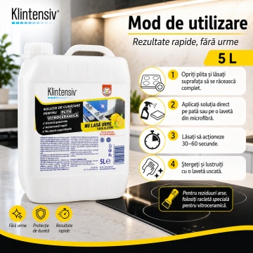 Soluție curățare plită vitroceramică Klintensiv, pentru plite cu inducție și sticlă ceramică, îndepărtează grăsimea arsă și petele persistente, finisaj fără urme, protecție împotriva depunerilor, 5 L, 4x Stickere - Img 4