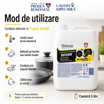 Soluție curățare teflon Klintensiv, pentru vase antiaderente, tigăi, cratițe și tăvi, curățare delicată fără zgâriere, îndepărtează grăsimea și resturile alimentare, 5 L, 4x Stickere - Img 4