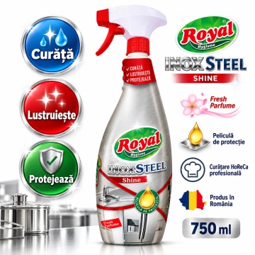 Solutie curatat Inox Steel Royal Hygiene, Soluție Profesională pentru Curățare și Lustruire Inox, Peliculă de Protecție, Parfum Fresh, HoReCa, Fabricat în România, 750 ml