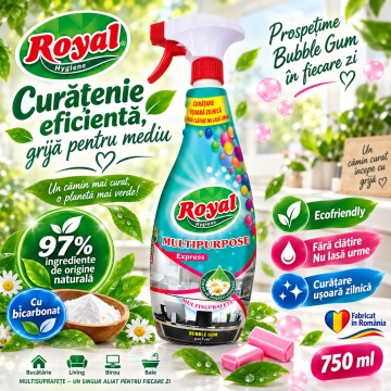 Solutie curatat Multipurpose cu Bicarbonat Royal Hygiene, Soluție Multisuprafețe Fără Clătire, Nu Lasă Urme, 97% Ingrediente de Origine Naturală, Ecofriendly, Bubble Gum Parfume, HoReCa, Fabricat în România, 750 ml - Img 5