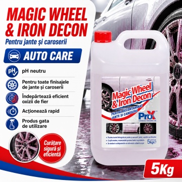 Soluție decontaminare jante și caroserie Magic Wheel & Iron Decon PRO X, fallout remover cu pH neutru, indicator activ roșu, pentru oxizi de fier și depuneri plăcuțe frână, 5 kg, 4x Stickere - Img 6