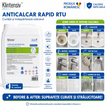 Soluție profesională anticalcar Klintensiv Anticalcar Rapid RTU, pentru baie, bucătărie, inox, email, ceramică și suprafețe sanitare, acțiune rapidă, parfum plăcut, canistră 5 L, 4x Stickere - Img 2