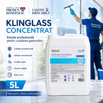 Soluție profesională curățare geamuri Klintensiv Klinglass Concentrat, detergent concentrat pentru vitrine, sticlă, ferestre, PVC, aluminiu și suprafețe lucioase, efect anti-redepunere, canistră 5 L, 4x Stickere - Img 2