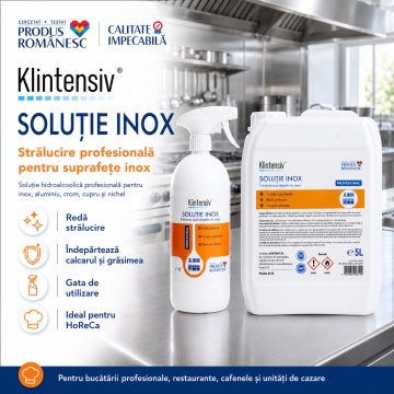 Soluție profesională curățare inox Klintensiv, pentru suprafețe metalice, echipamente HoReCa și utilaje, degresare rapidă, luciu de oglindă, biodegradabilă, canistră 5 L, 4x Stickere - Img 4