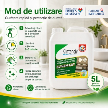 Soluție profesională de curățare Klintensiv KlinSmart, efect remanent, peliculă protectoare, anticalcar, degresant, antiaburire, baie și bucătărie, 5 L, pulverizator, 4x Stickere - Img 5