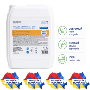 Soluție profesională pentru desfundarea țevilor Klintensiv, formulă concentrată acidă, pentru HoReCa, clădiri comerciale și rezidențiale, scurgeri, canalizări și sifoane, canistră 5 L, 4x Stickere