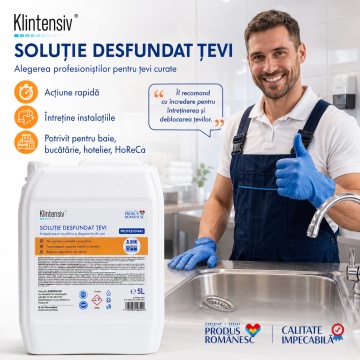 Soluție profesională pentru desfundarea țevilor Klintensiv, formulă concentrată acidă, pentru HoReCa, clădiri comerciale și rezidențiale, scurgeri, canalizări și sifoane, canistră 5 L, 4x Stickere - Img 2