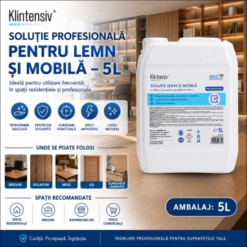 Soluție profesională pentru Lemn și Mobilă Klintensiv, curățare, protecție și luciu, efect antistatic, pentru mobilier, uși și suprafețe laminate, canistră 5 L, 4x Stickere - Img 2