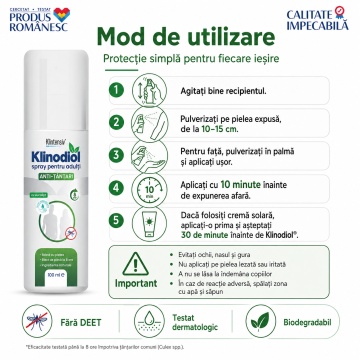 Spray anti țânțari adulți Klinodiol, repelent natural fără DEET, cu Citridiol 13%, protecție până la 8 ore împotriva țânțarilor și căpușelor, testat dermatologic, biodegradabil, 100 ml, 4x Stickere - Img 6