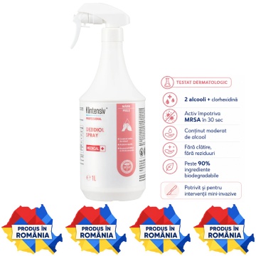 Spray dezinfectant igienic pentru mâini și piele Dezidiol Klintensiv Profesional, cu 2 alcooli și clorhexidină, bactericid, levuricid, virucid și micobactericid, testat dermatologic, 1 L, 4x Stickere