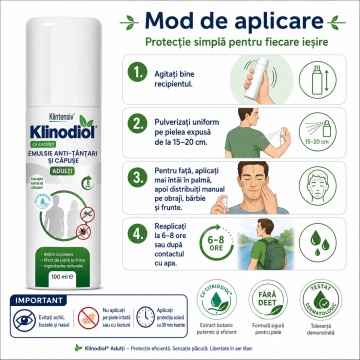 Spray repelent adulți Klinodiol, anti țânțari și căpușe, emulsie naturală fără DEET, cu Citriodiol 9,9%, protecție până la 8 ore, testat dermatologic, aviz biocid, 100 ml, 4x Stickere - Img 6