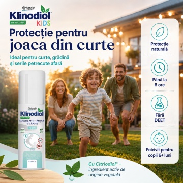 Spray repelent copii KlinodioL Kids, anti țânțari și căpușe, formulă naturală cu Citriodiol 5%, fără DEET, protecție până la 6 ore, pentru copii peste 6 luni, aviz biocid, 100 ml, 4x Stickere - Img 4
