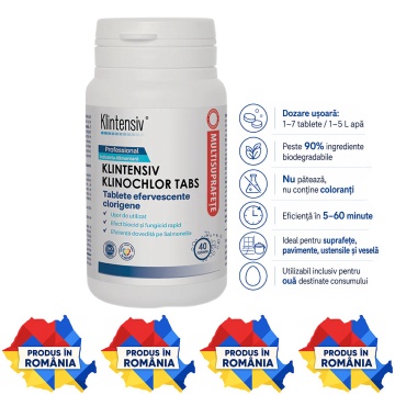 Tablete dezinfectante clor active Klintensiv Klinochlor Tabs, TP4, pentru suprafețe, pavimente, veselă și ustensile, spectru larg, bactericid, fungicid, virucid, 40 tablete, 4x Stickere