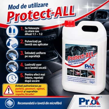 Tratament auto PRO X Protect-ALL, dressing pentru piele, plastic, vinil și cauciuc, efect antistatic, aspect mat satinat, protecție UV, hidratare și reînnoire suprafețe auto, 5 L, 4x Stickere - Img 5