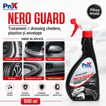 Tratament chedere și anvelope PRO X Nero Guard, dressing pentru cauciuc și plastic, curăță, hidratează, reînnoiește și protejează garnituri auto, chedere, plastice și anvelope, 500 ml, 4x Stickere - Img 5