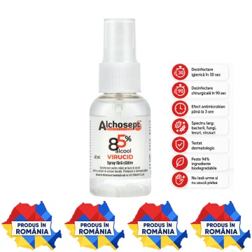 Alchosept dezinfectant igienic și chirurgical prin frecare, 85% etanol, pentru mâini și piele, acțiune rapidă 30-90 secunde, aviz biocid, format portabil, 40 ml, 4x Stickere