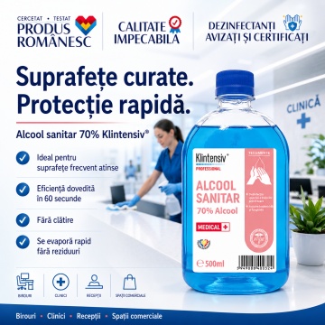 Alcool sanitar 70% Klintensiv Professional, dezinfectant pentru mâini și suprafețe, etanol 70%, acțiune rapidă, fără clătire, bactericid, levuricid și fungicid, aviz biocid, 500 ml, 4x Stickere - Img 2