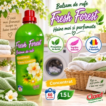 Balsam de Rufe Concentrat Cloret Fresh Forest, Fabric Conditioner, 60 Spălări, Parfum Fresh, Fabricat în România, 1.5L - Img 2