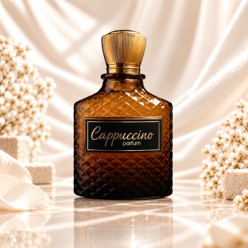 Flacon Cappuccino AMD Perfumes 100 ml parfum unisex cu lichid ambrat și capac auriu